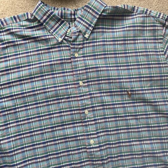 Ralph Lauren Button Down Shirt Mens 2XLT Plaid Blue Flesh Pony Preppy Casual - Picture 1 of 7
